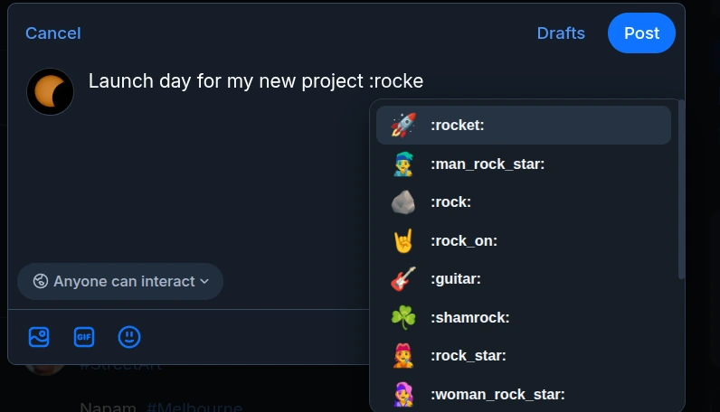 The Bluesky composer with Bsky+ suggesting emoji for :rocke, with :rocket: at the top of the list